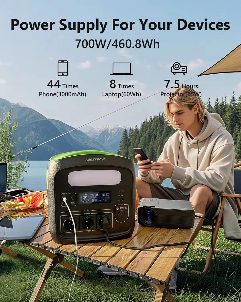 Newsmy N7576 Przenośna Stacja Zasilania 700W 460.8Wh Generator Słoneczny Akumulator LiFePO4, do Zasilania Awaryjnego w Domu, na Kemping na Zewnątrz, Mobilne Zasilanie
