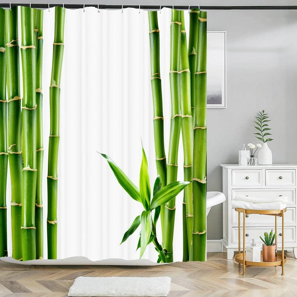Cortina de ducha de bambú de planta verde, cortina de baño de poliéster impermeable, árboles impresos en 3D, pantalla de baño de 180x200cm con ganchos