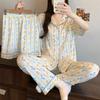 Women's Summer High-Quality Crinkle Fabric Heart Pajama Set - Short Sleeve Three-Piece Loungewear for Indoors or Outdoors