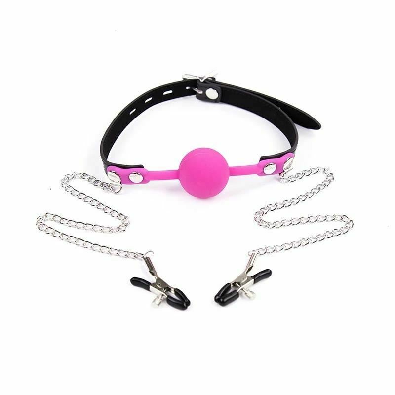 Pink Ball Gag With Nipple Clamps Mouth  Fetish  Restraints Nipple & Clitoral Toys