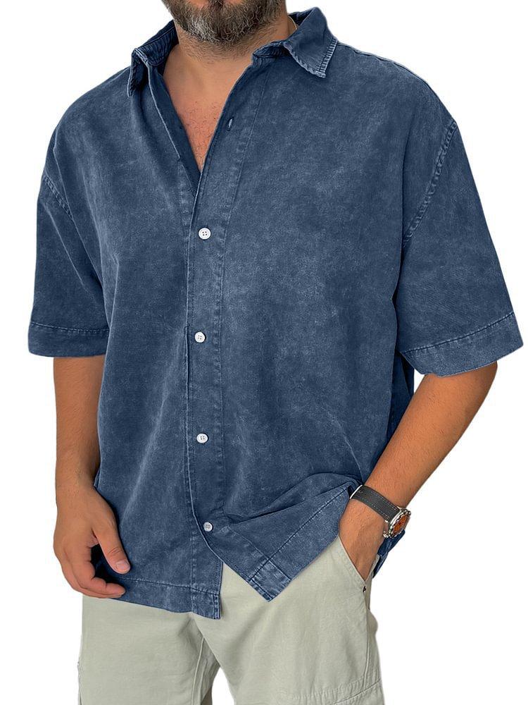Mens Short Sleeve V Neck Button Down Shirt Textured Fabric Casual Solid Color S