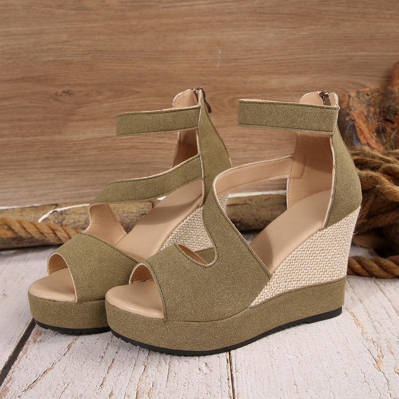 New large size women's shoes, fish mouth women's sandals, wedge heel sandals, zipper high heel sandals after outer wear