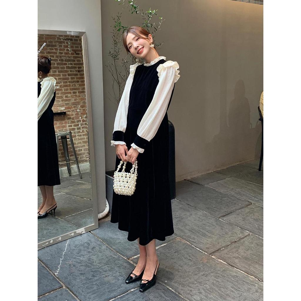 Thirteen Lines Women's Velvet Waist Dress - Autumn/Winter 2022 French Style Long Skirt, Non-Refundable