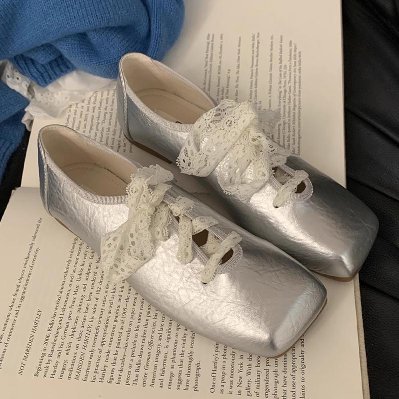 

Fashion Flats Women Ballet Dance Shoes Square Toe Fashion Dress Loafers Shoes 2025 Spring Brand Casual Cozy Elegant Zapatillas De Mujer 40 серебряный