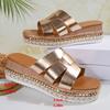 Gold Strap Slip On Sandals Women Summer 2025 Chunky Platform Wedge Heels Shoes Woman Plus Size Rivet Sole Outdoor Slippers Woman