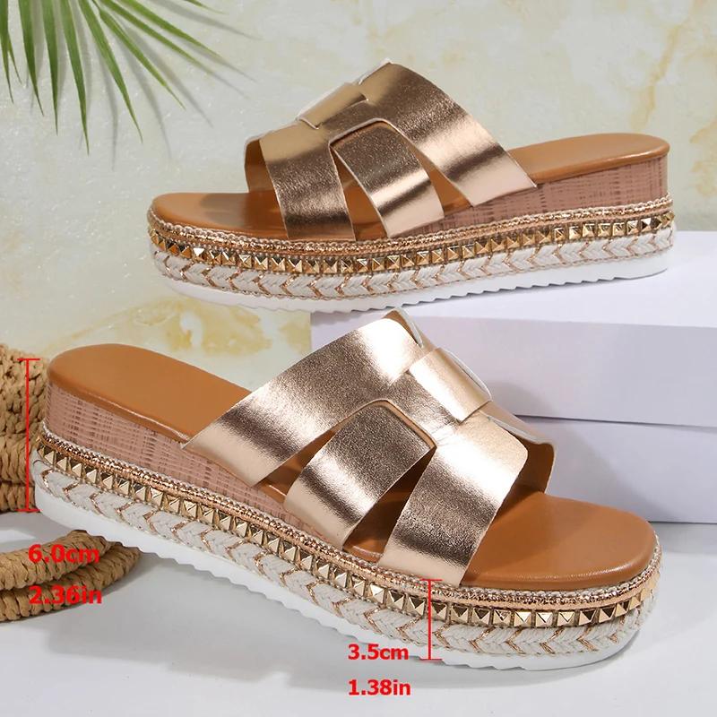 Gold Strap Slip On Sandals Women Summer 2025 Chunky Platform Wedge Heels Shoes Woman Plus Size Rivet Sole Outdoor Slippers Woman