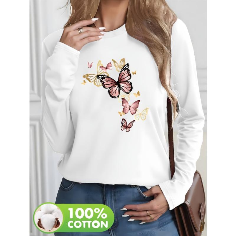 Fashion Women Long Sleeve T-Shirt Cotton with Butterfly Print Casual All Season Top for Holidays Casual Vintage Clothes