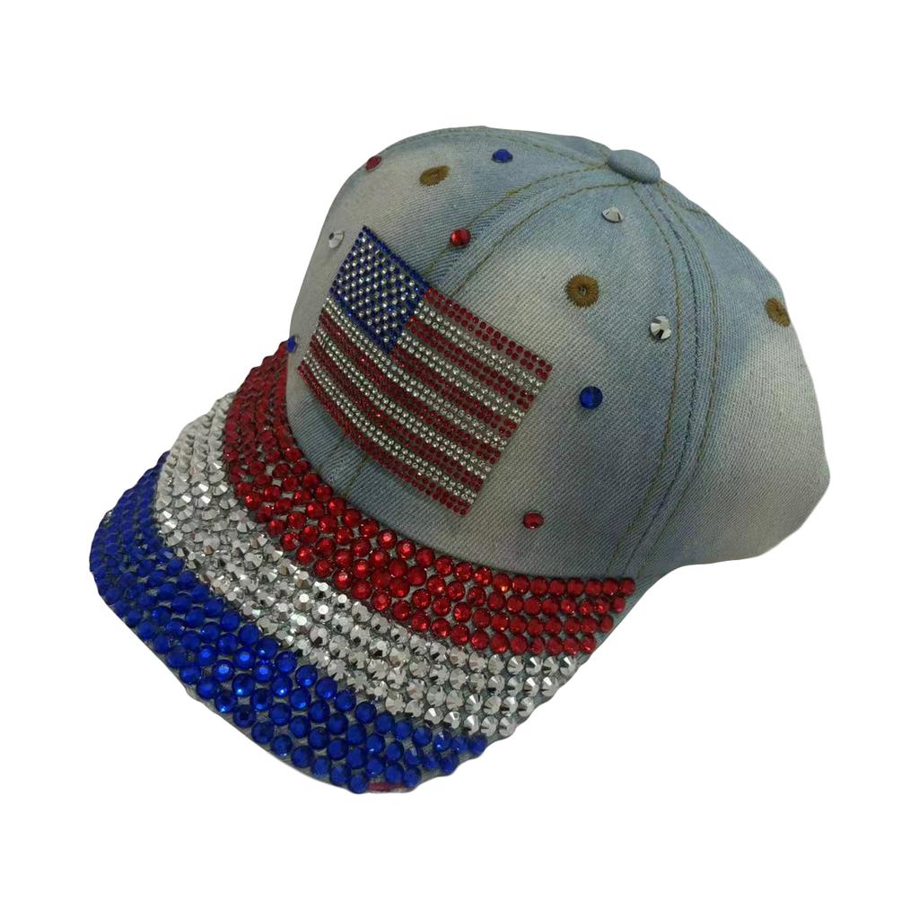 Rhinestone Flag Denim Baseball Hat Women Fashion Sun Protection Caps Outdoor Travel Sports Trendy Hip Hop Trucker Cap