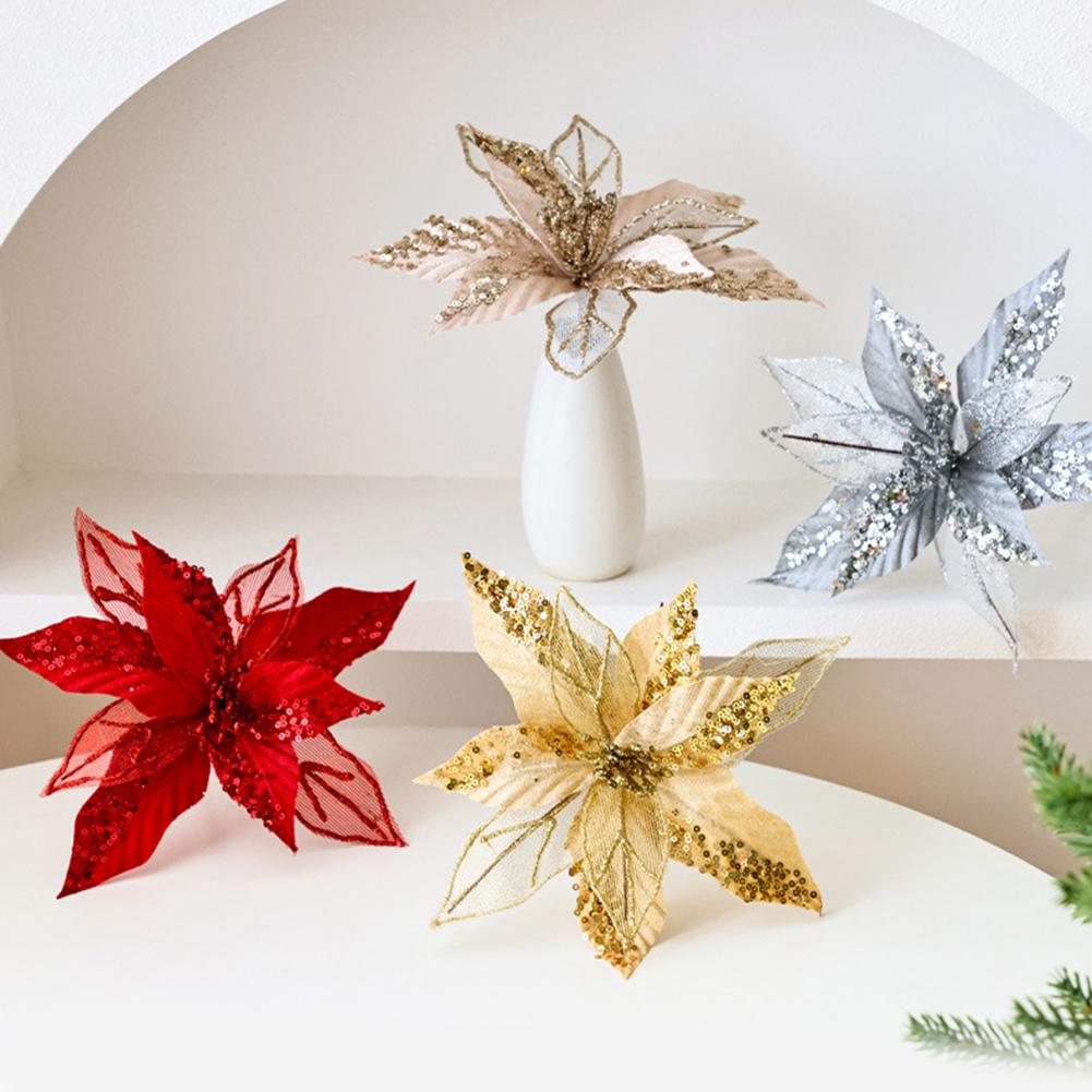 Artificial Holiday Flowers Glitter Poinsettia Flowers Shimmering Stamen Textured Look With Pearls Glitter Flower
