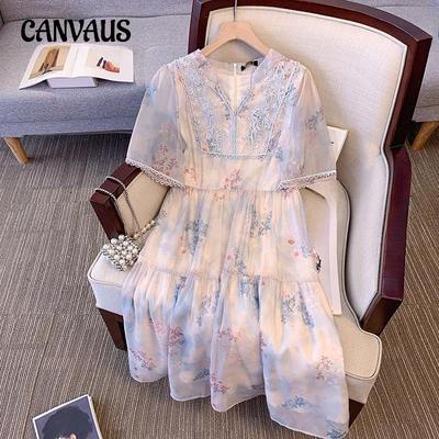 Plus Size Women's Summer New Slimming New Chinese Style Printed V Neck Short Sleeved Dress