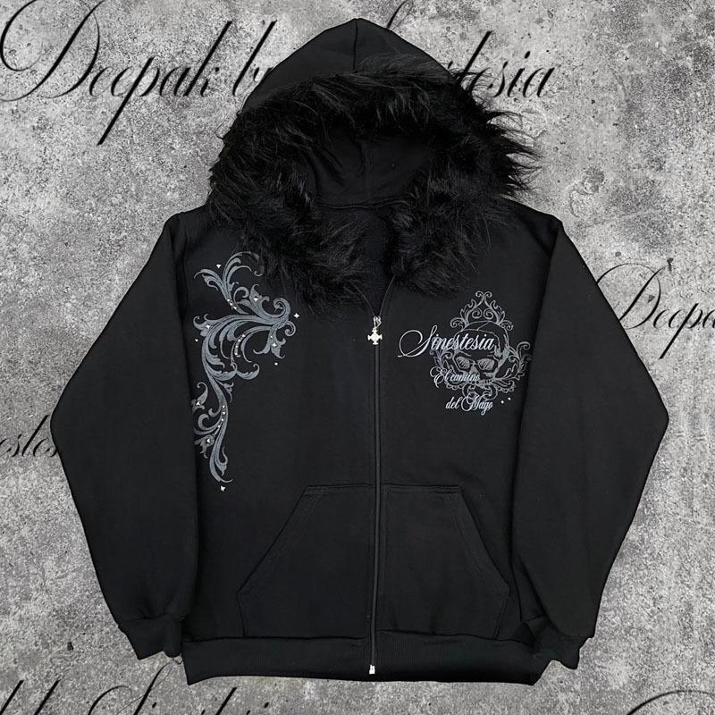 Harajuku Y2k Millennial Hottie Amerikanischer Retro Pelzkragen Patchwork Hoodie Reißverschluss Hoodie Damen Herbst/Winter Hip Hop Reißverschlussjacke