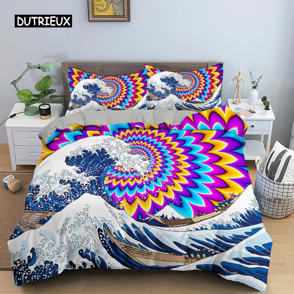 Wave Duvet Cover Set for Kids Teens Adult King Size Abstract Blue Ocean Comforter Cover Waves Sailing Moon Polyester Bedding Set