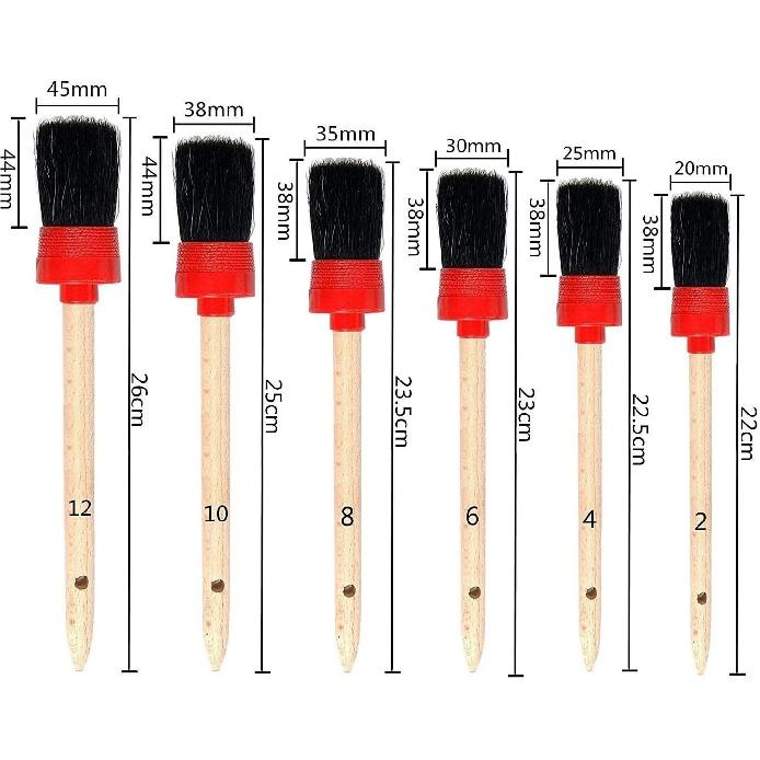 11Pcs Auto Detailing Set, Boar Hair Brushes, Steel Wire & A/C Brushes, Red, Soft Bristles, Wood Handles For Cleaning Interior, Exterior, Leather, 6