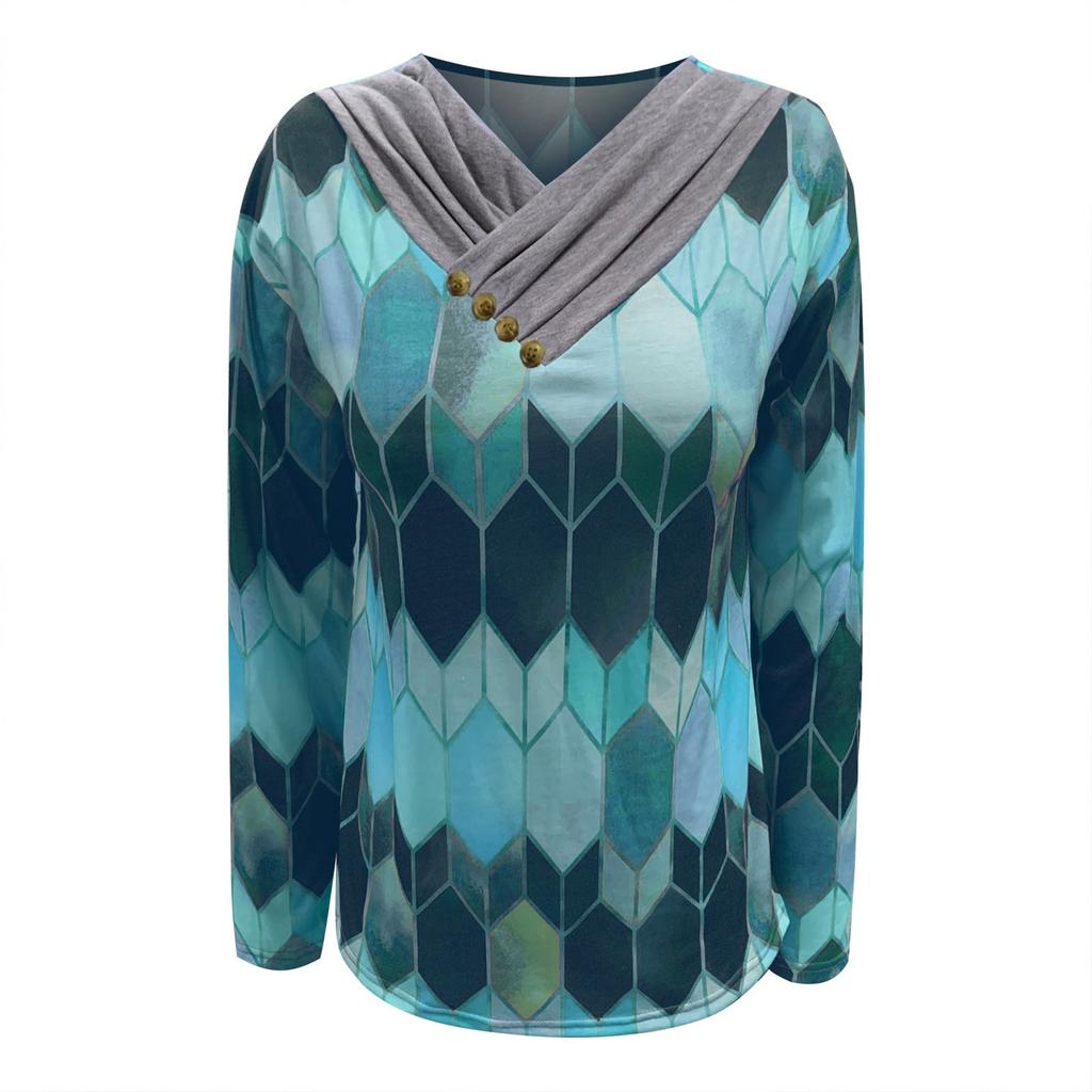 Women Tie-dye Printed Embroidery Collar Long Sleeve Pullover Blouse Tops