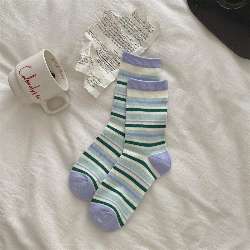Korean Contrasting Striped Rolled Socks Are Simple And Sweet, Retro Preppy Style Versatile Mid-Leg Socks Are Thin In All Seasons