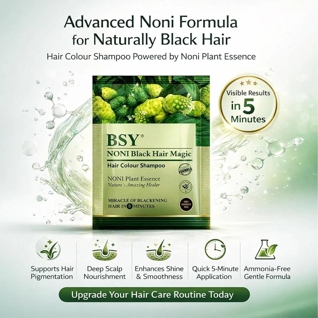 12 Sachets of BSY Noni Black Hair Magic Hair color shampoo 12ml Each Pure Herbal