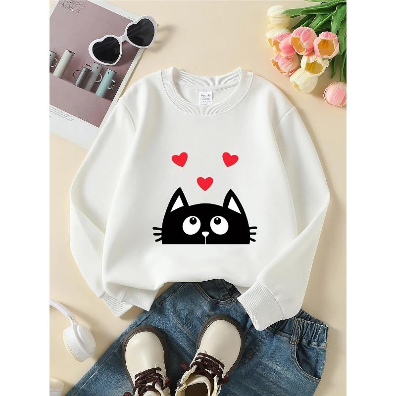 European sizes Kids Crewneck Sweatshirt - Black Cat with Red Hearts Background , Sportswear And Casual Wear, Soft And Comfortable 110 белый