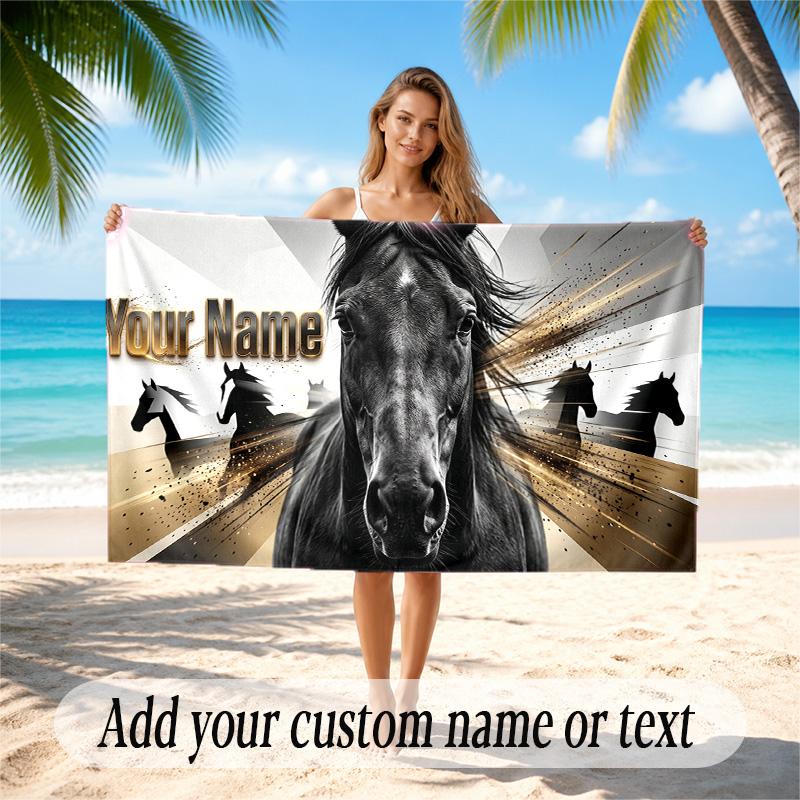 Horse Theme Quick Dry Beach Towel Custom Name Text Print Large Sand Resistant Towel Beach Vacation