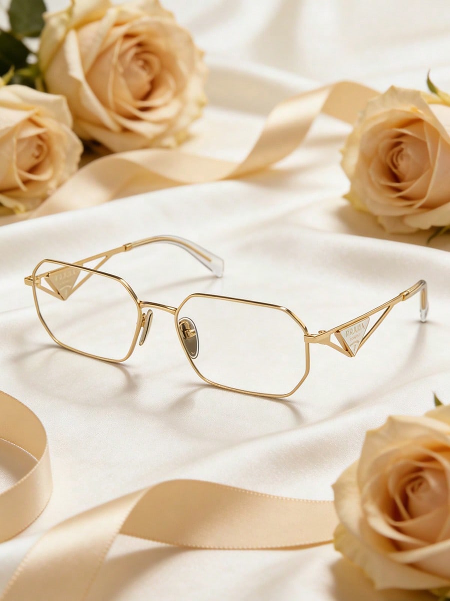 

Prada PRA42V Gold Metal Geometric Eyeglasses, Luxury Designer Optical Frames золотий