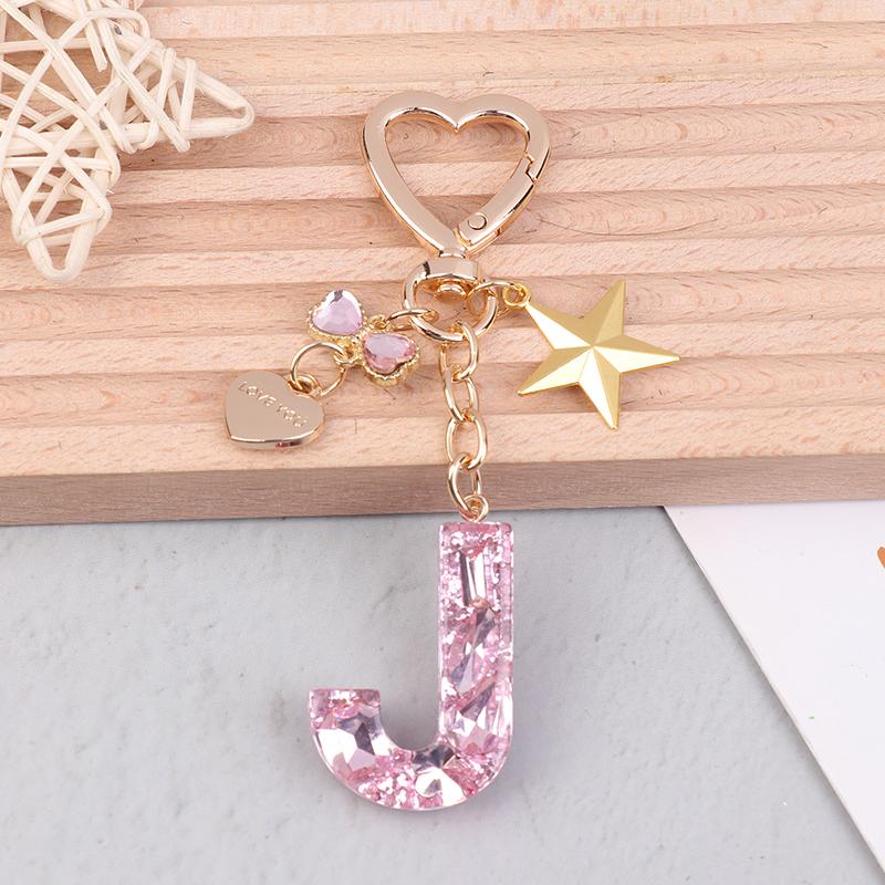 Cute  Bling Keychain A To Z Initial Letter Love Heart Star Pink For Women Girls Bag Cup Pendant Key Chain Accessories