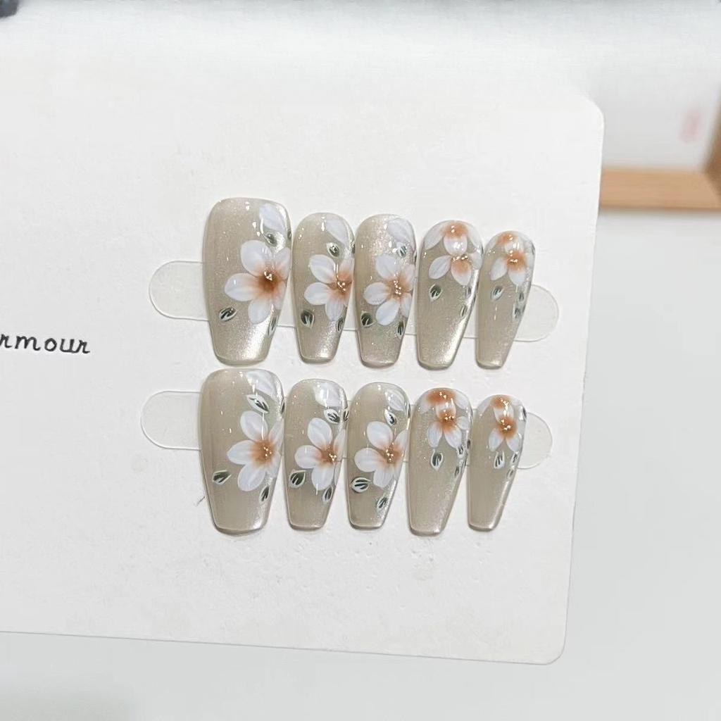 Advanced Sense Pure Hand-wearing Armor Handmade Cat Eye Nail Art Finished Camellia Detachable Fake Nail Patch Summer