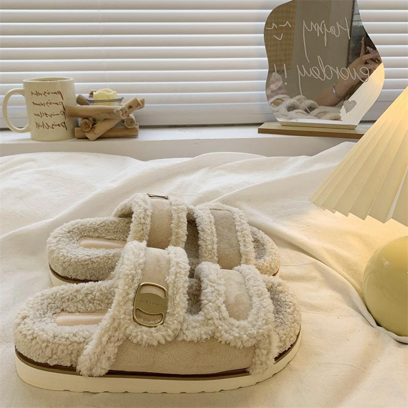 Internet celebrity thick bottom Birkenstock hairy slippers women wear autumn and winter 2025 new high-end explosion non-slip cotton slippers