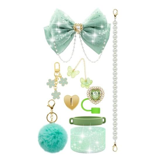 1 Set Tassenhülle Funkelnde Strasssteine Schleife Plüschball Dekoration Kunstperlen Lanyard Tassenzubehör mit Silikonboden-Schutz