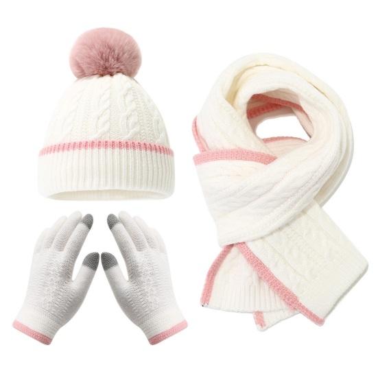 3-teiliges/Set Kinder Mütze Schal Handschuhe Set Einfarbig Zopfmuster Plüschkugel Dekor Mütze Langer Schal Handschuhe Set Elastische Winteraccessoires