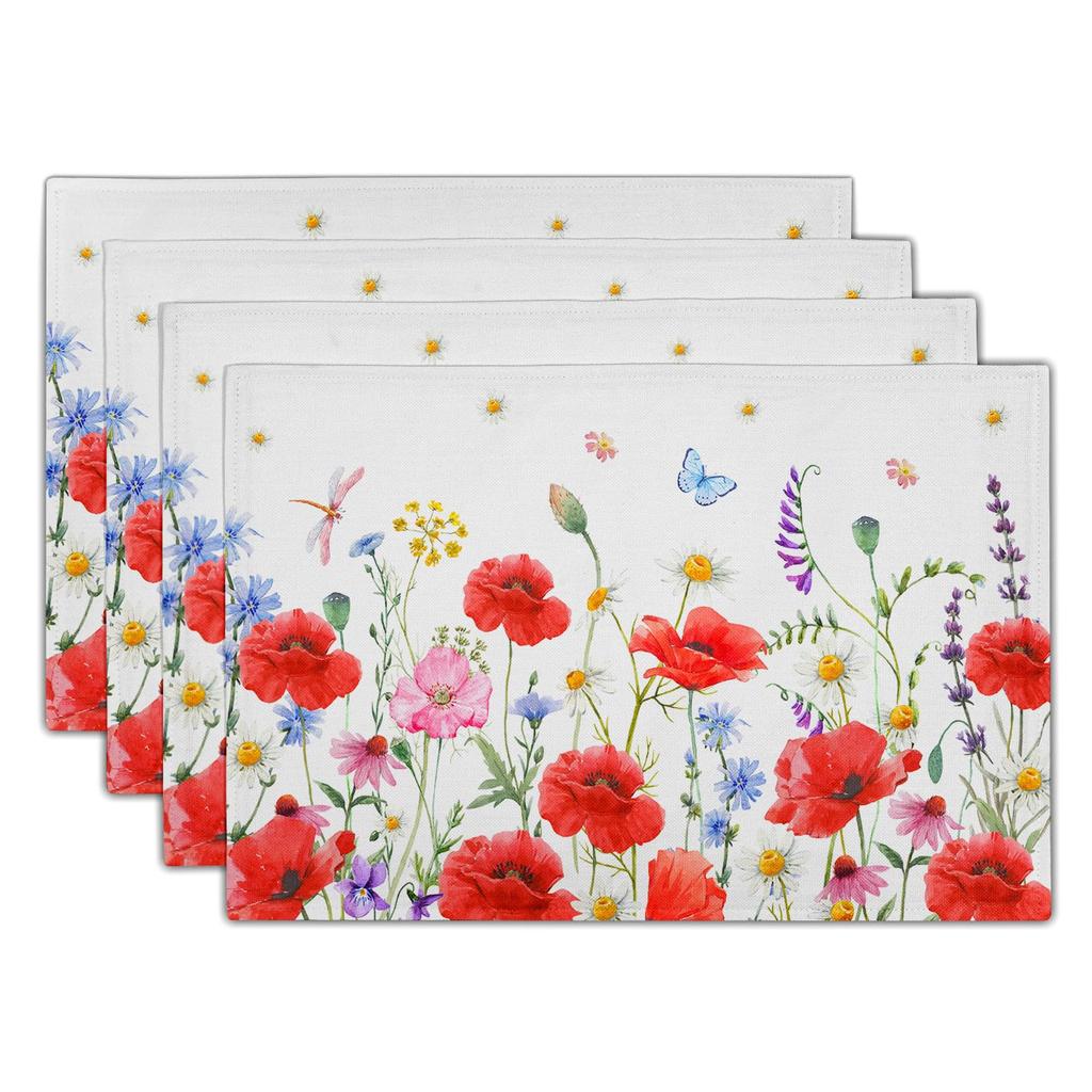 Watercolor Floral Placemats Set of 4 Blue Yellow Poppy Flowers Washable Non-Slip Heat Resistant 12×18 Inch Spring Summer Seasonal Linen Fabric Table M