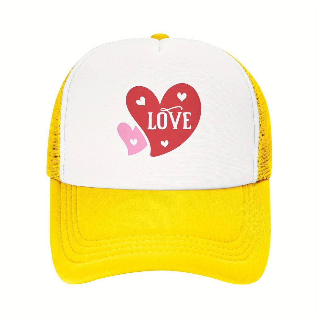 Love Heart Graphic Mesh Trucker Hat Polyester Casual Adjustable Snapback Baseball Cap for Men Women
