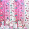 Kawaii Birthday Decorations, 2 Pack Cartoon Cat Theme Party Supplies, 3.3 x 6.6ft Tinsel Foil Fringe Curtains, Bow Photo Booth Props, Backdrop
