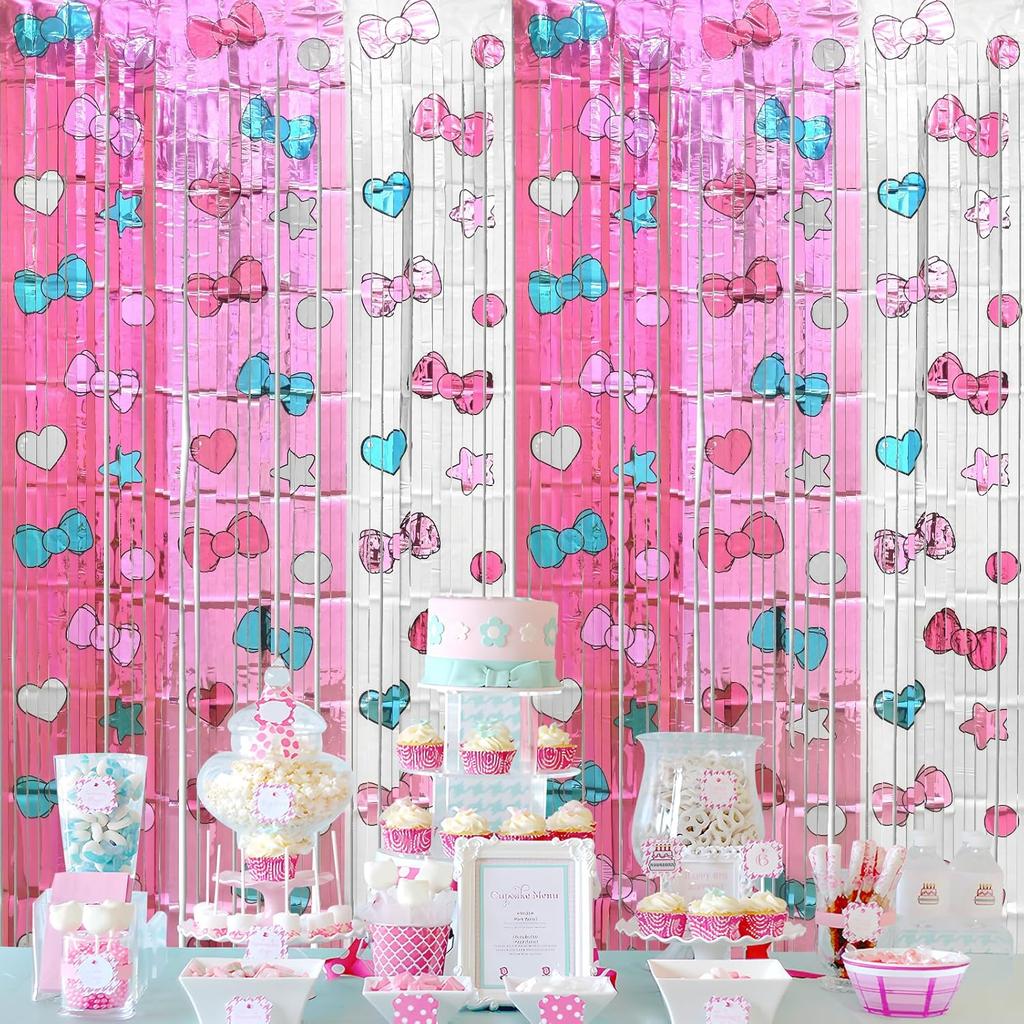 Kawaii Birthday Decorations, 2 Pack Cartoon Cat Theme Party Supplies, 3.3 x 6.6ft Tinsel Foil Fringe Curtains, Bow Photo Booth Props, Backdrop