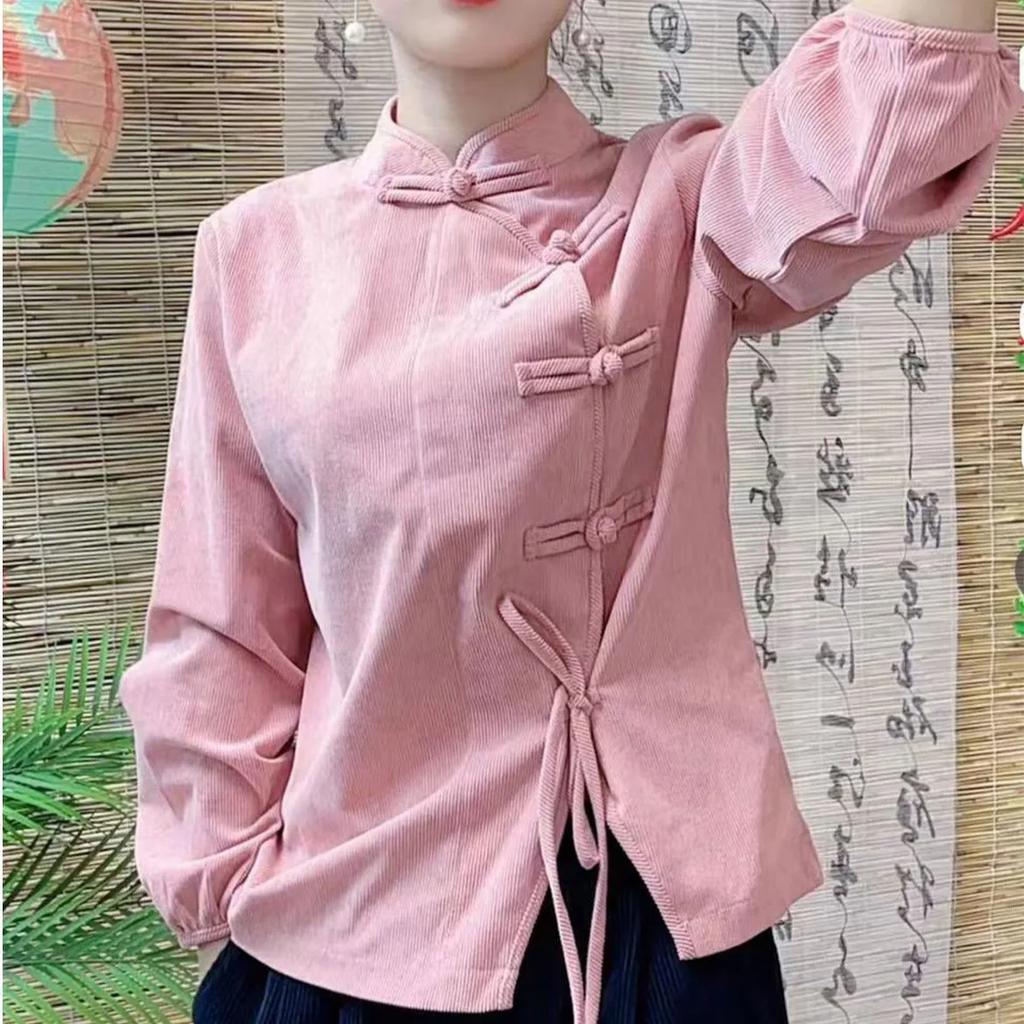 Women's Vintage Corduroy Shirt with Slanted Collar In Solid Color Chinese Literary Style Top