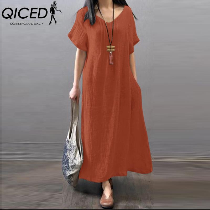 

QICED женские модные летние весенние однотонные повседневные платья с коротким рукавом и v-образным вырезом и высокой талией XXXXL оранжевый