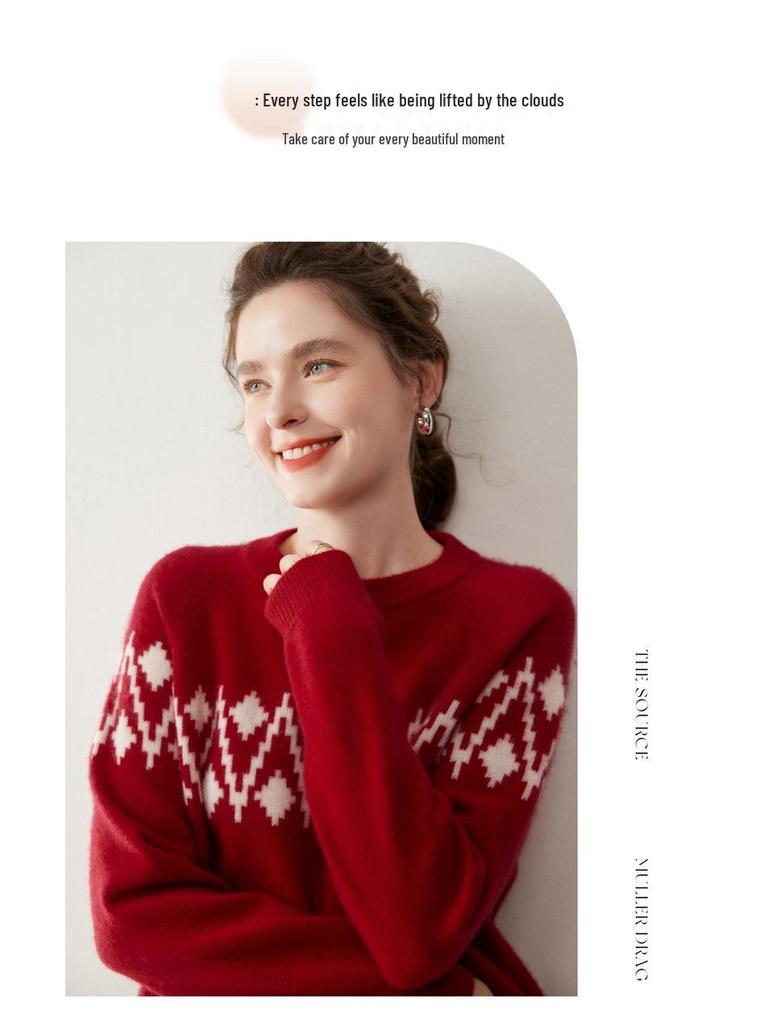 Women's Cashmere Round Neck Jacquard Sweater - Thick, Stylish, and Soft for Autumn/Winter