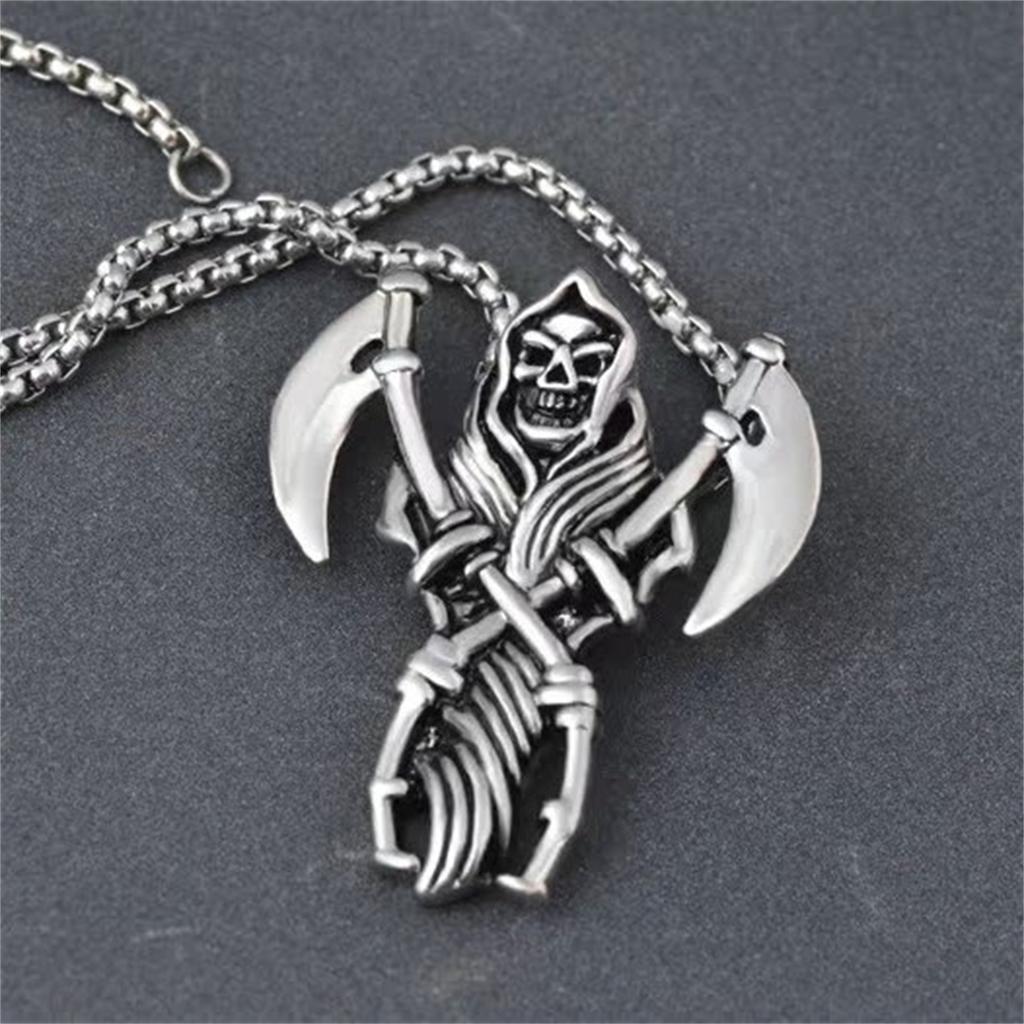 Collar Colgante de Acero Inoxidable de Santa Muerte con Dos Guadañas Hacha Nuestra Señora de la Santa Muerte Calavera Mexicana de la Parca Joyería