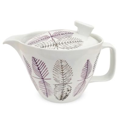 Kunzan Kiln Teapot with Strainer, 385ml Capacity, Serves 2-3, Hasami Ware, Made In Japan, Leaf Pattern, Purple, Large