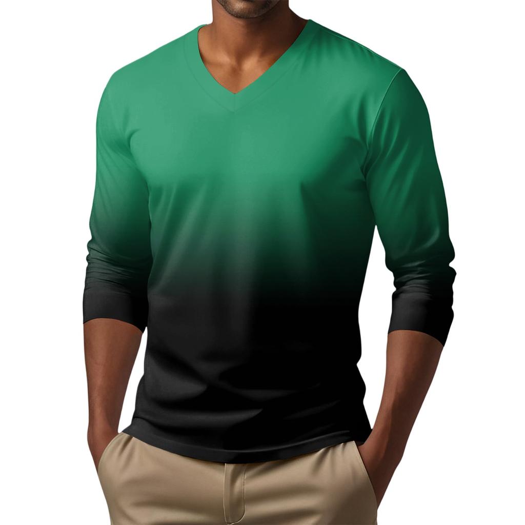 Men's V-neck Casual Fashion Printed Long-sleeved T-shirt Top