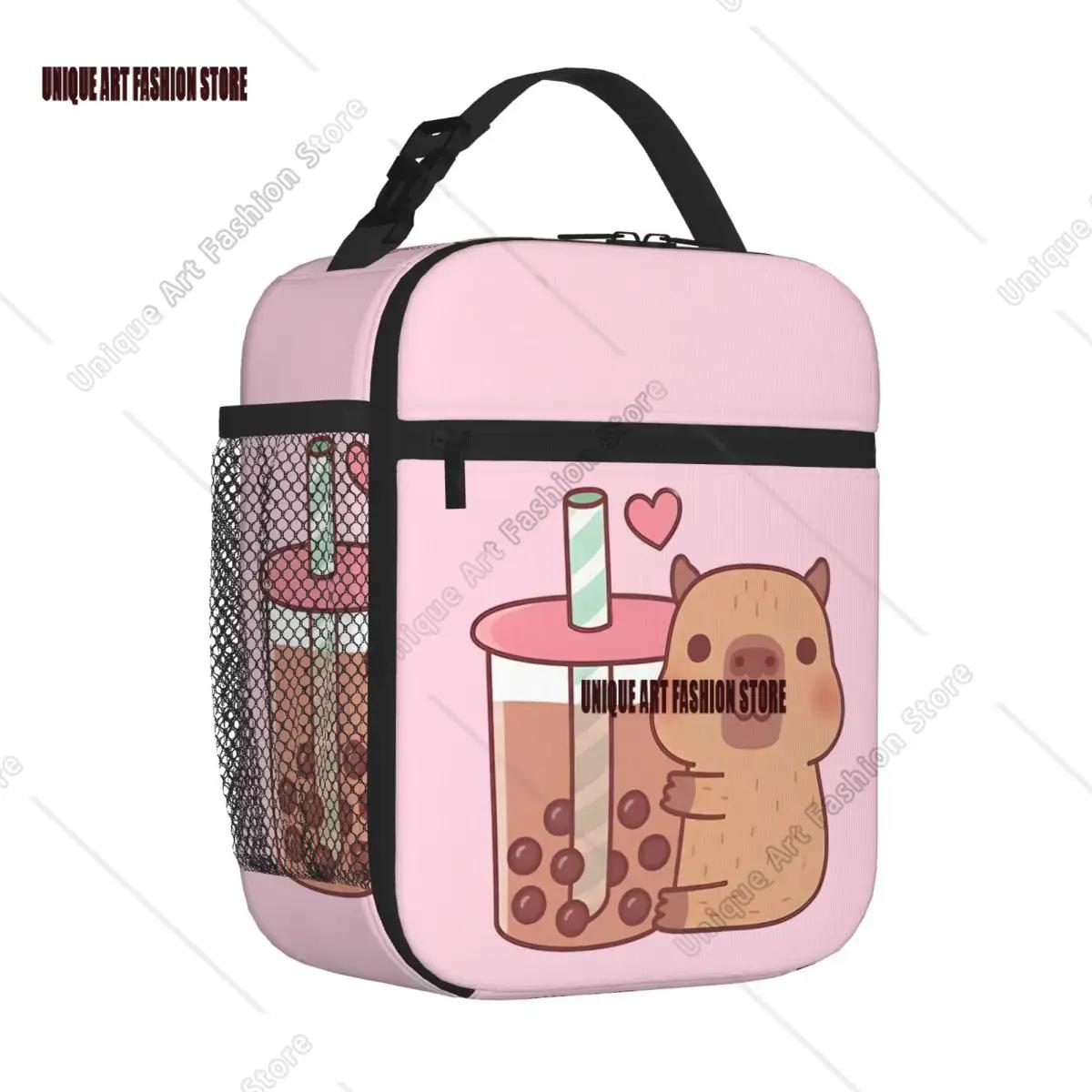 Cute Little Capybara Hugs Bubble Tea Insulated Lunch Bags Lunch Container Thermal Bag Tote Lunch Box Beach Travel Food Bag One Size