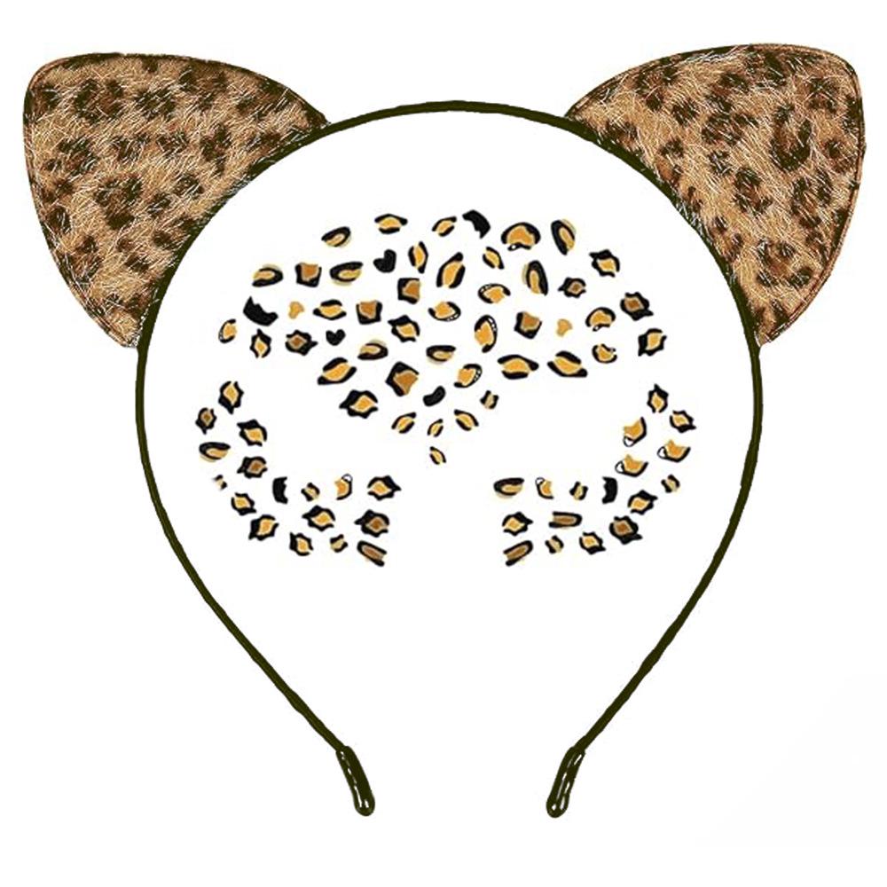 Leopard Print Cat Ear Headband with Tattoo Stickers - Perfect for Halloween Masquerade Party Costumes.
