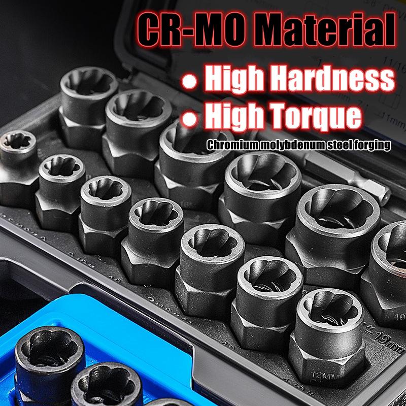 14pcs/set Impact Bolt & Nut Remover Set Cr-Mo Steel Bolt Extractor Tool Set with Solid Storage Case for Industrial Drop Shipping