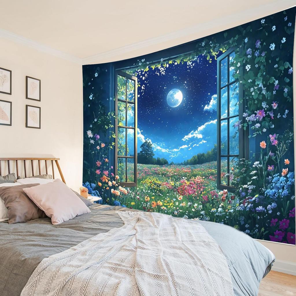 Wildflower Moon Tapestry, Window Forest Plant Green Leaf and Garden Colorful Floral Wall Tapestry for Bedroom, Night Sky Wall