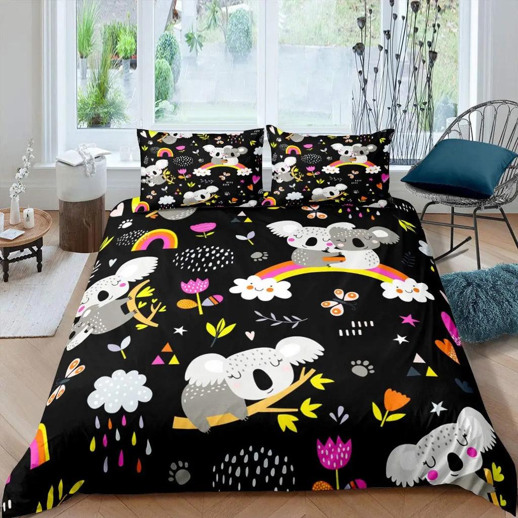 Cute Cartoon Koala Duvet Cover Set Botanical Blossom Floral Comforter Cover Kawaii Wild Animal Koala Bedding Set Twin Queen Size