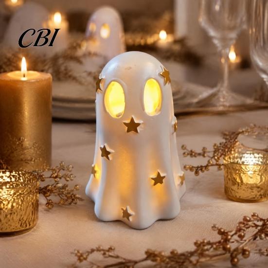 Warm LED Bedside Lamp Halloween Ghost Decoration, Cute Light Up Figurine, Spooky Resin Niche Home Decor Statue with for Shelf Mantel Indoor