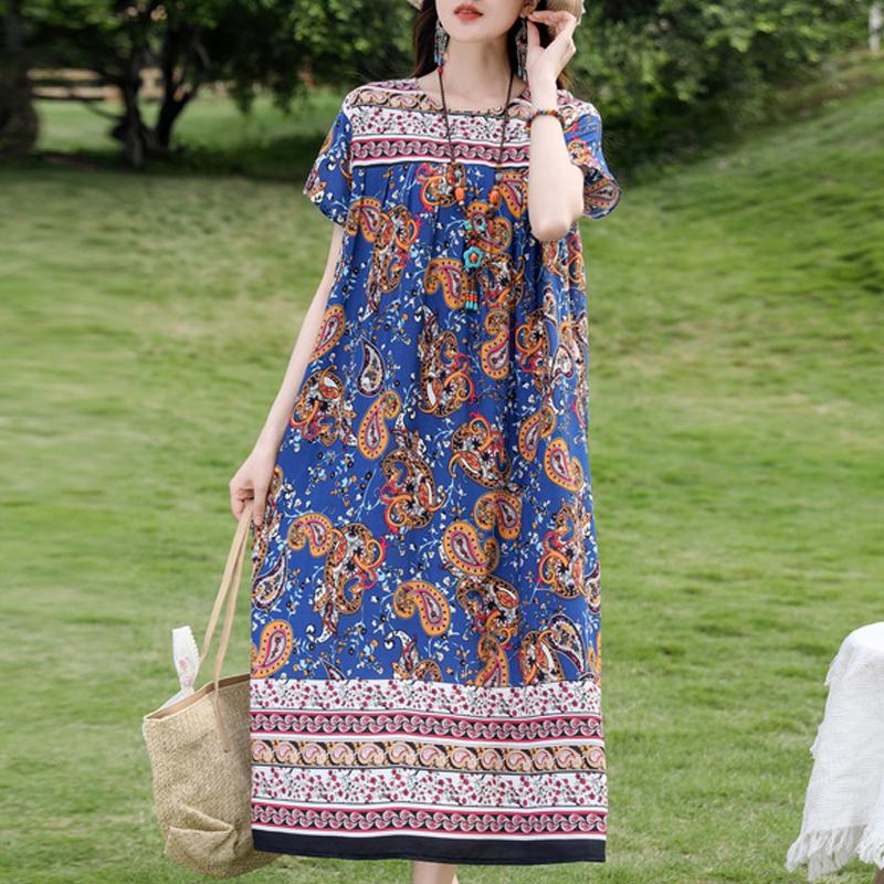 Damen Plus Size Boho-Print Maxikleid, Kurzarm Freizeit-Sonnenkleid (XL-5XL)