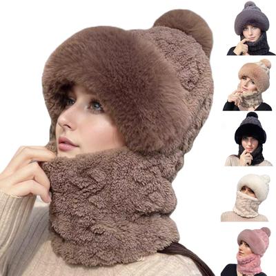 Winter Scarf Hooded Hat Set Women Plush Neck Warm Outdoor Skiing Caps Windproof Plush Hat Thick Plush Fluffy Hood