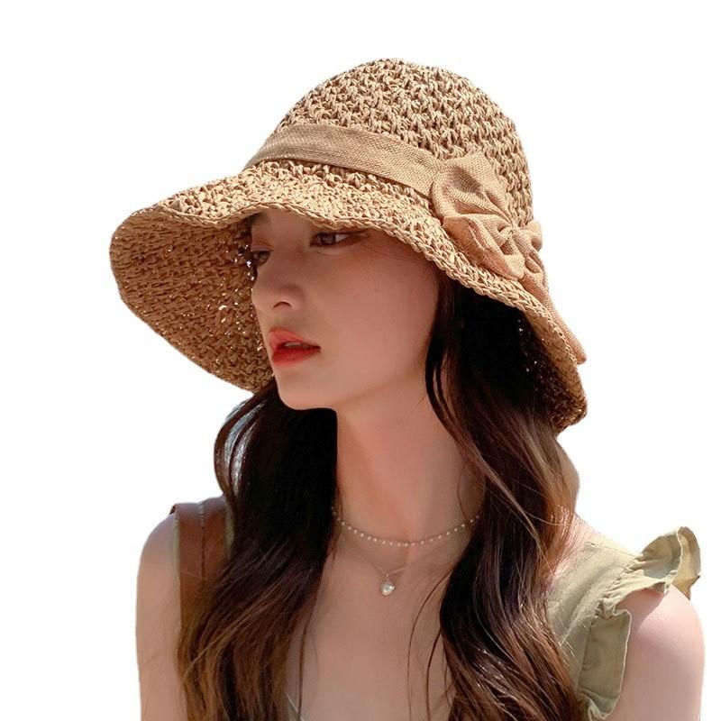 Straw Womens Versatile Hat Wide Brim For Sun Protection With Elegant Knot Bow