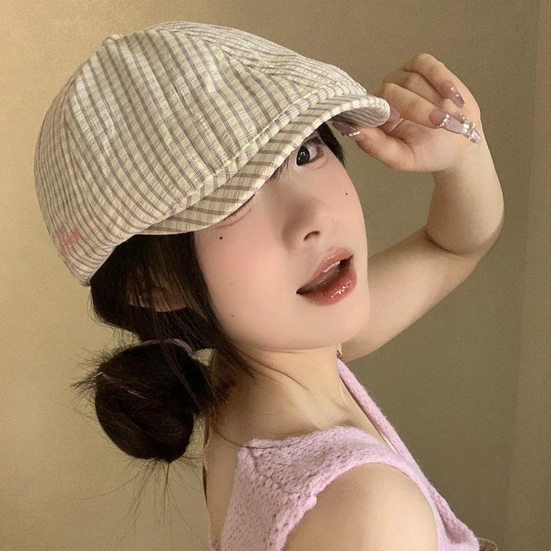 Vintage Pink Plaid Beret Women's Spring Back Wearing Newsboy Hat Big Head Circumference Versatile Peaked Cap