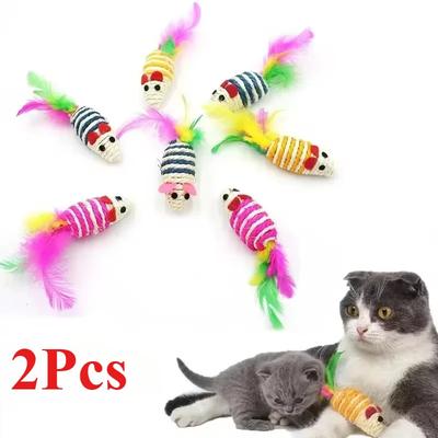 2 Stück gestreifte Sisal-Maus Katzenspielzeug mit Feder Interaktives Reiz-Katzenspielzeug Katzen Kätzchen Krallenwetzer Spielzeug Katzenzubehör