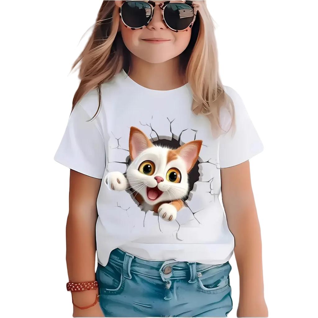 Tecknad Kattflicka T-shirt Kortärmad T-shirts Flickkläder Rundhalsad Topp Mode Juniorflickors Kläder Söta Utomhus Barn T-shirts